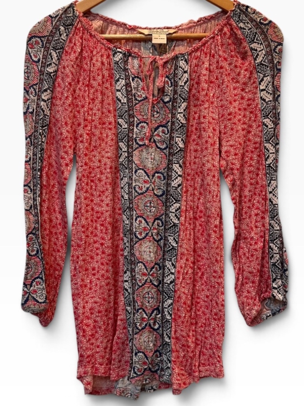 Lucky Brand Pink Floral Paisley Peasant Top Women’s S Boho Tie Neck Tunic 🌸